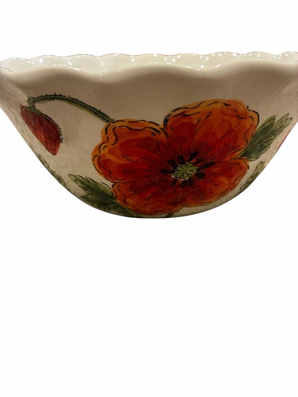 Maxcera "Poppy Dance" 12 inch ceramic serving bowl with hand painted red poppy